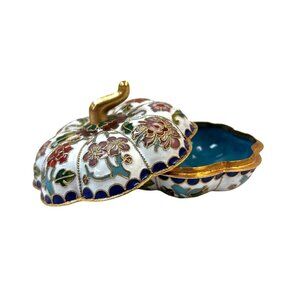 Handcrafted Cloisonné Enamel Pumpkin Trinket Box With Floral Motif & Gold Detail